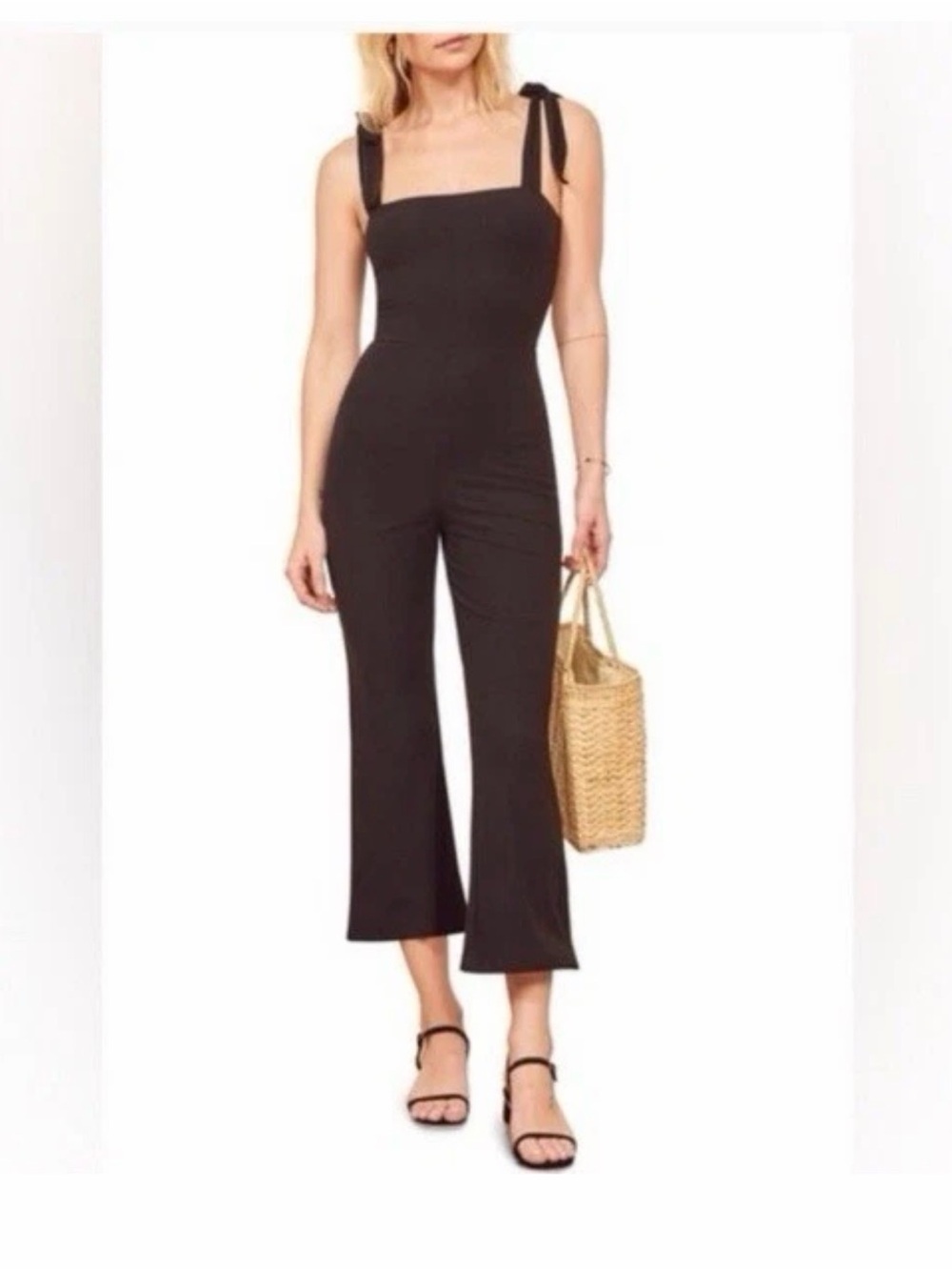 Reformation Black Tie-Shoulder Square-Neck Jumpsuit, Cropped‎ Flare